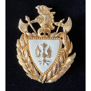 VTG Large Statement Brooch Coat of Arms Knight Helment Battle Axe Gold Enamel